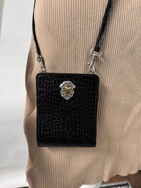 Brighton Lindsey Two-Tone Wallet With Strap Black Croc-Embossed Leather Crossbod